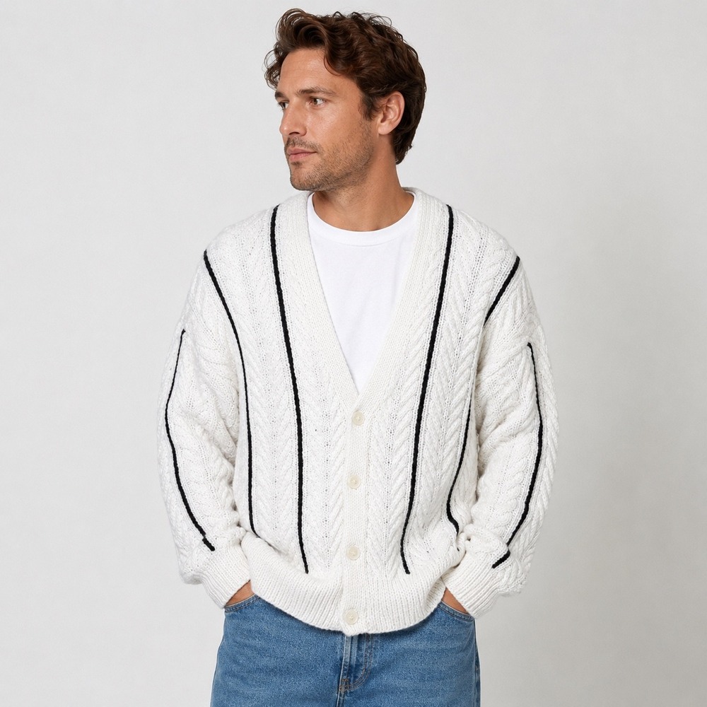 John Ashford Sport Cardigan Mens Medium White Cotton Cable Knit Stripe Preppy